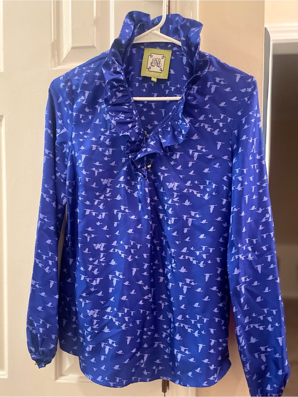 Elizabeth McCay size 6 100 % Silk Blue Bird-Print Long-Sleeve Blouse